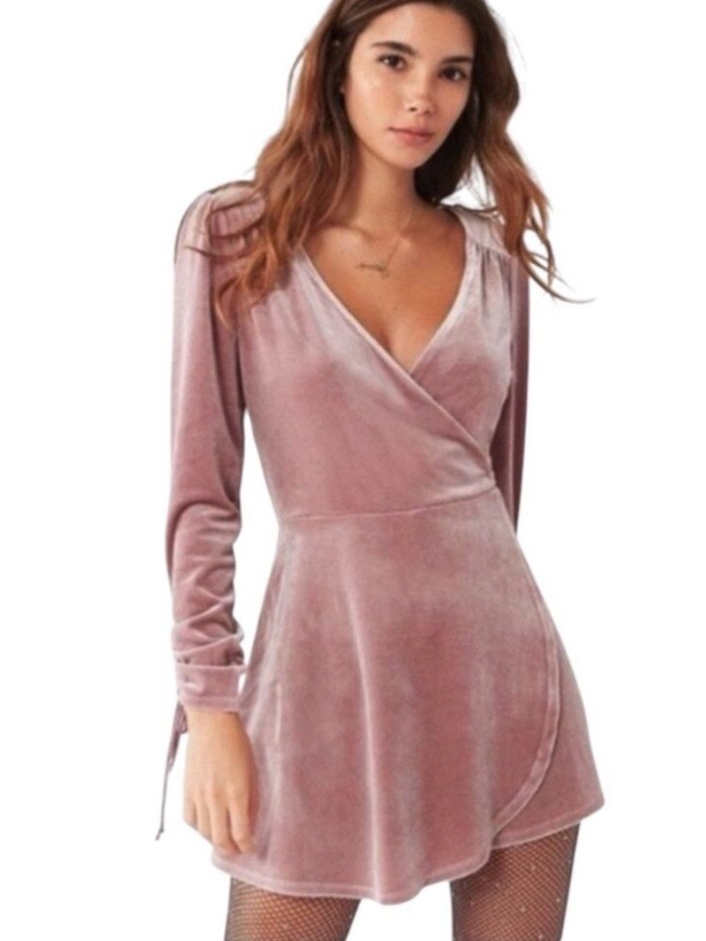 Urban Outfitters Goldmine Velvet Surplice Romper Blush Pink Long Sleeve Size M